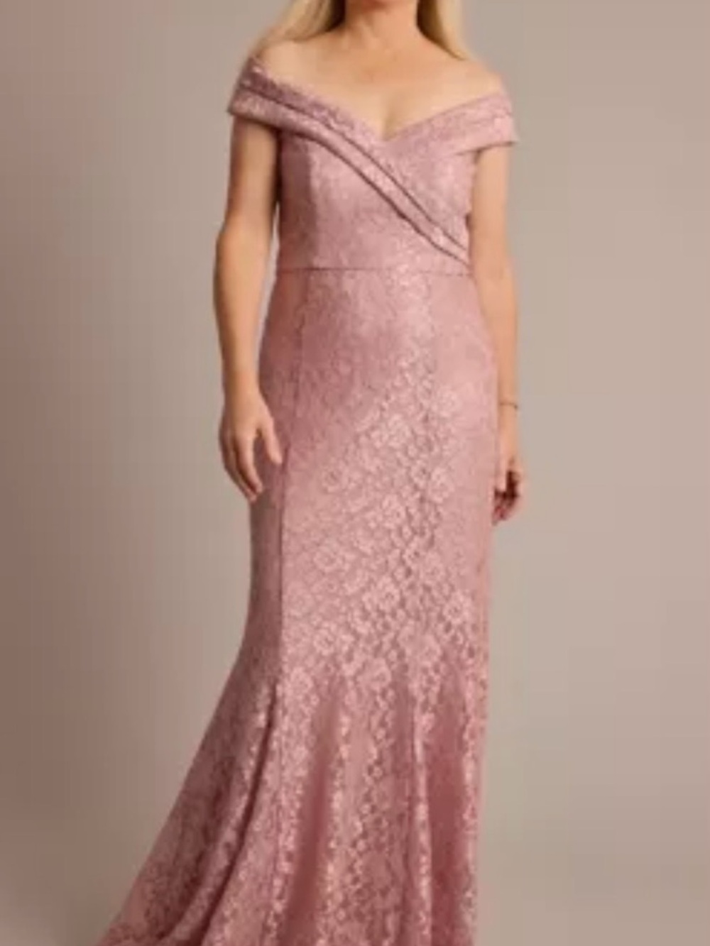 Oleg Cassini One-Shoulder Lace Evening Gown in Dusty Pink